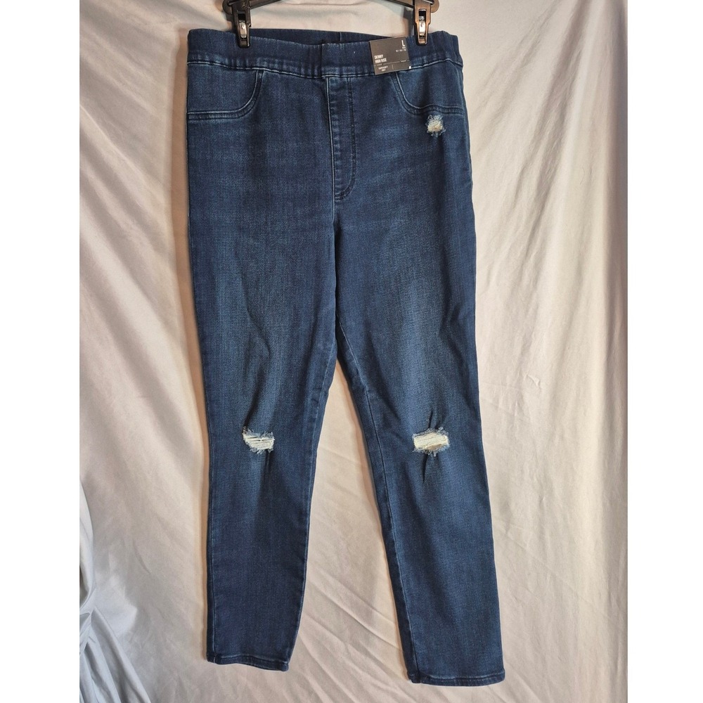Express Skinny High Rise Distressed Denim Jegging Pull On Dark Wash Women's L